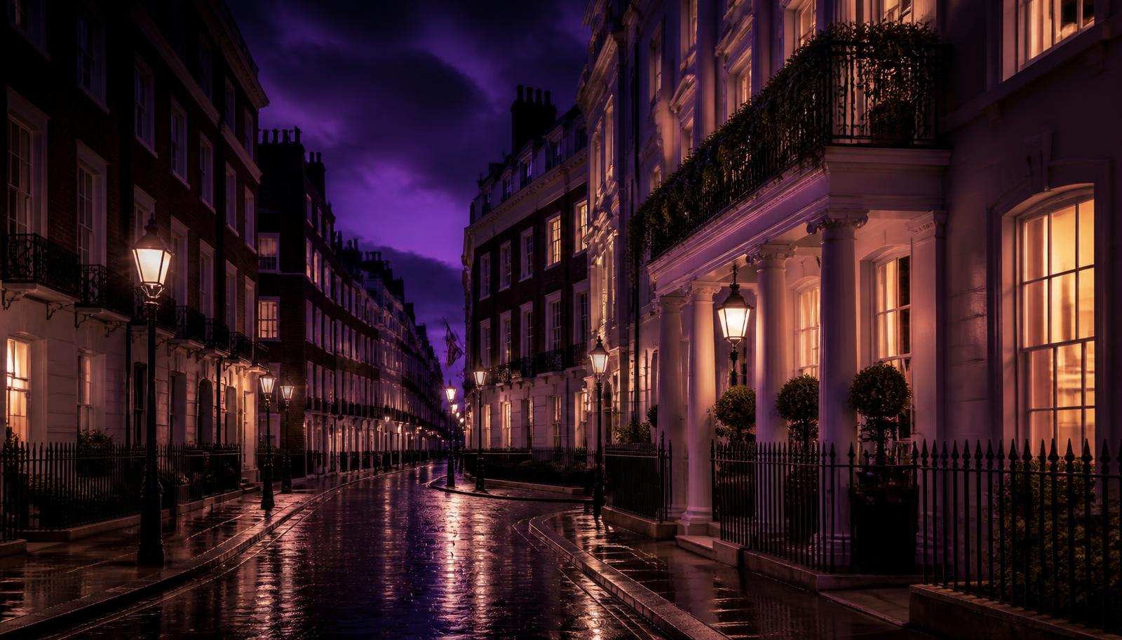 Quiet lamplit Central London street at night