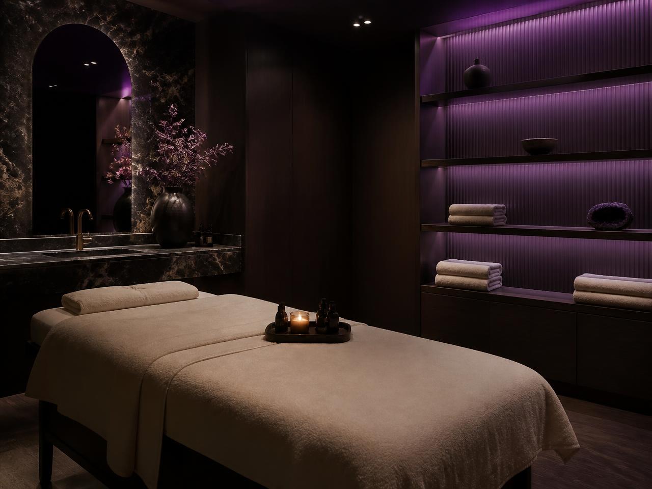 Private massage studio with dark wood, stone and soft violet lighting